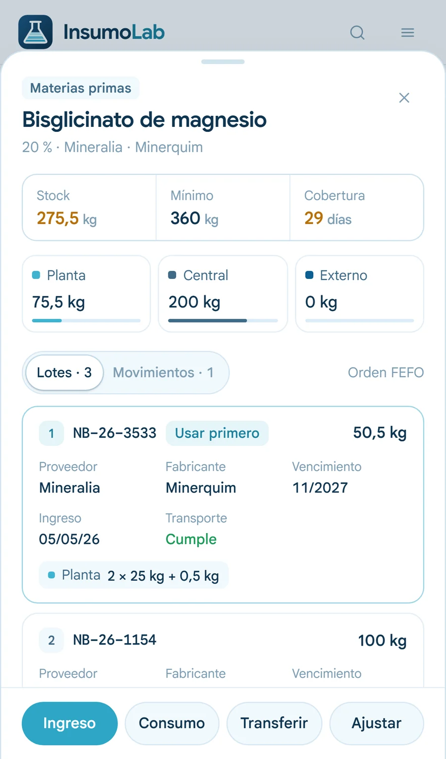 Ficha de un ítem en el celular, con sus lotes en orden FEFO